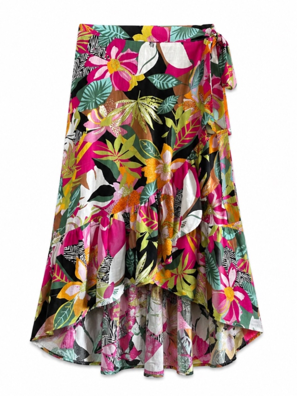 Rachel Roy Pink & Black Tropical Floral High-Low Wrap Skirt – Size Medium EUC